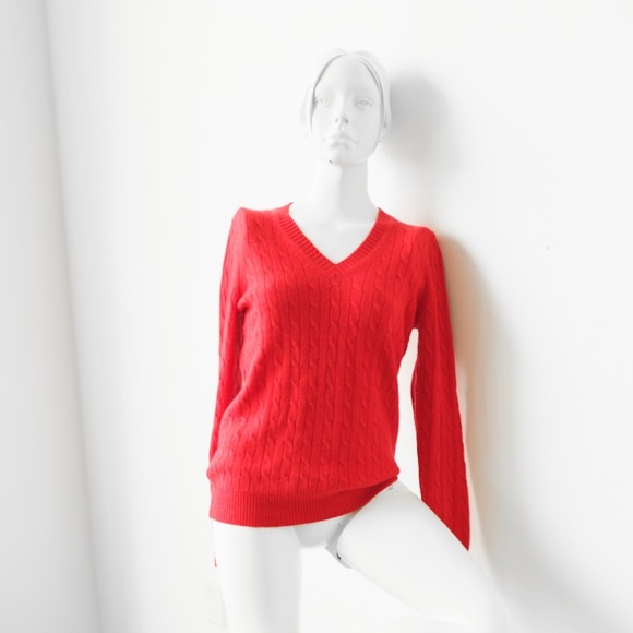 JCREW Cable Knit V-Neck Sweater, v neck sweater in Poppy Red Size: Small - Picture 1 of 9